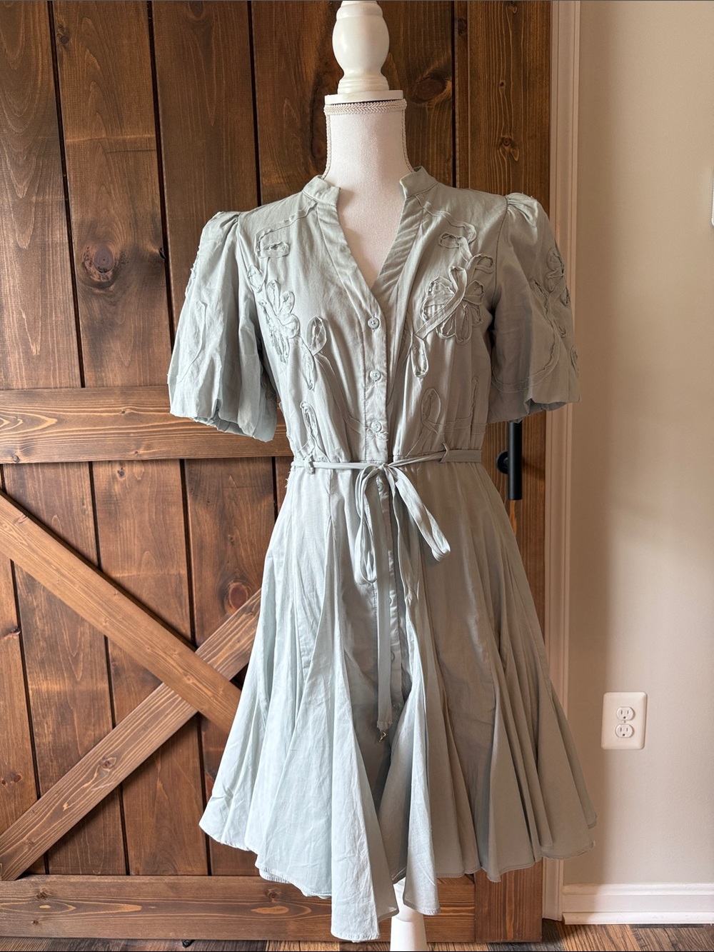 Taylor Light Sage Embroidered Button-Front Mini Dress